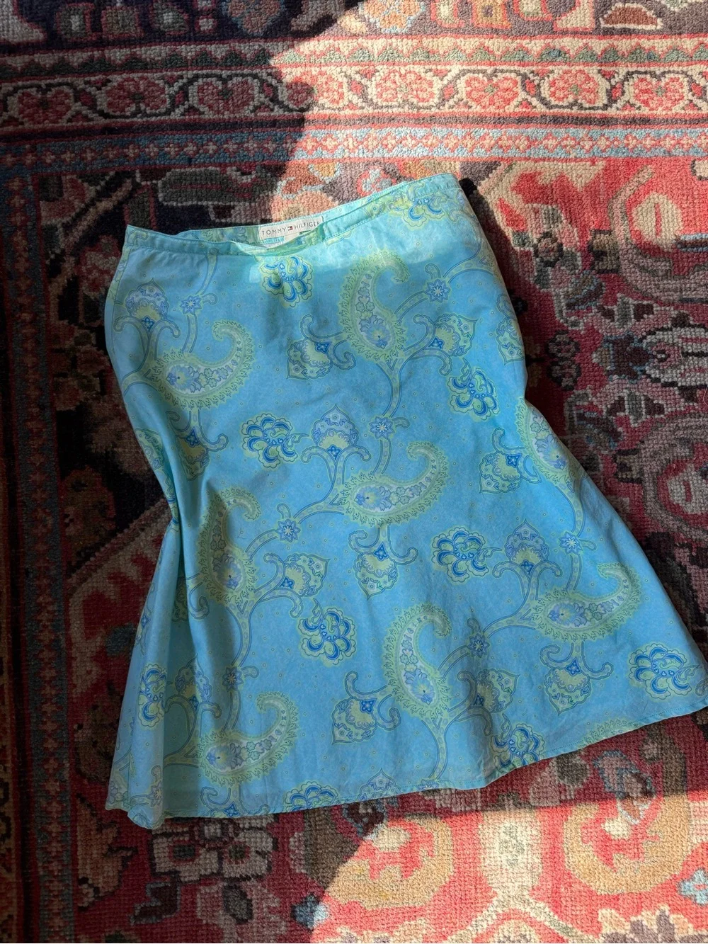 Tommy Hilfiger Light Blue Paisley Skater Skirt with Green Accents